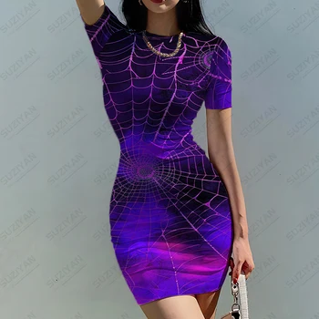 רחוב היפ-הופ אופנה שמלה מגניב עכביש 3D מודפס שמלת קיץ צוואר עגול שרוולים קצרים שמלת נשים סלים שמלה