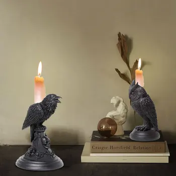 רטרו גותי שחור עורב מחזיק נר שרף ליל כל הקדושים פסל ינשוף עיצוב הבית