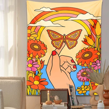 רטרו עיצוב שטיח קיר-70 פרפר בציר קשת פרח ילדה אמנות psychodelic צבעוני במעונות חדר שינה עיצוב הבית