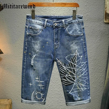 רקמה, מכנסיים קצרים של הגברים קיץ לנוער ' ינס רופף אופנה רטרו כחול מזדמן התזה דיו קרע באגי עגל אורך היפ הופ Y2k