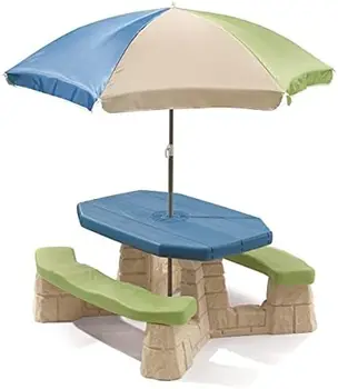 שובבה ילדים, שולחן פיקניק עם מטריה - חיצונית צעצועים עם מקומות ישיבה עבור 6 ילדים - ילדים רהיטים כחול & ירוק עם פו