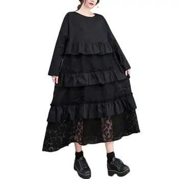 שחור אופנה רשת שמלת קיץ, סתיו, נשים שמלת שרוול ארוך תחרת שחבור מזדמן שמלות ארוכות Vestidos נשי חדש 2023