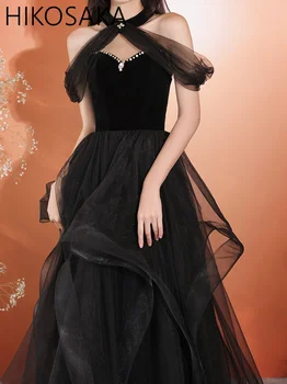 שחור הקולר צווארון Evenimg שמלה קו אופנה אופנתי קריסטל אלגנטיות אורך רצפת נשף טול שמלת חלוק דה לנשף לנשים