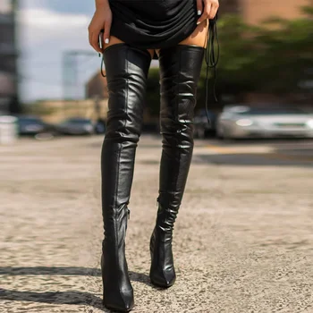 שחור ירך גבוהה מגפי נעלי נשים סקסי עקבים גבוהים Zip הצד של נשים מעל מגפי ברך מחודד בוהן מגפיים גבוהים הברך