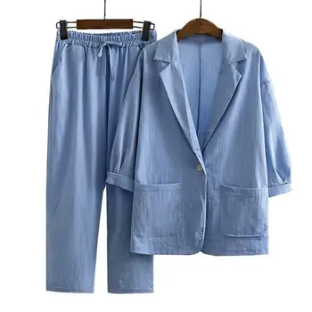 שלושה רבעים שרוול ארוך, מכנסיים סט מסוגנן נשים 2-חתיכת מעיל רחבה הרגל המכנסיים להגדיר עבור אביב/סתיו חברות מקרית עם דש