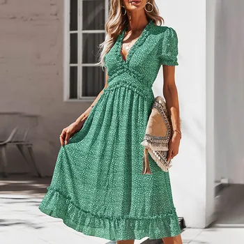 שמלות עבור נשים 2023 טביעות בוהו V צוואר עם שרוולים קצרים קו השמלה קפלים חוף שמלות ארוכות אישה בגדים Vestidos