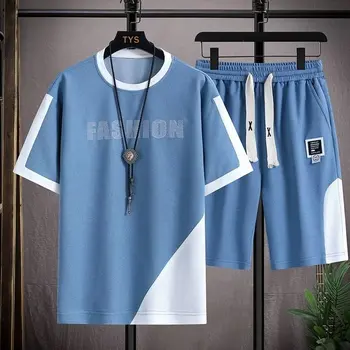 שרוול + מכנסיים קצרים חולצת החליפה של הגברים סטים אופנה חליפת ריצה זכר 2 חתיכת קבוצה Harajuku היפ הופ טלאים צבע אופנת רחוב